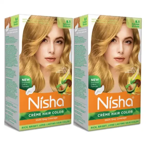 Nisha Creme Hair Color 8.1 Golden Blonde 120g Pack of 2, Permanent Hair Colour for Women & Men, Long Lasting Hair Color, 9342-NI-CHCB-150GM-GBLO-BOX-PK2-1.webp, 9342 NI CHCB 150GM GBLO BOX PK2 1