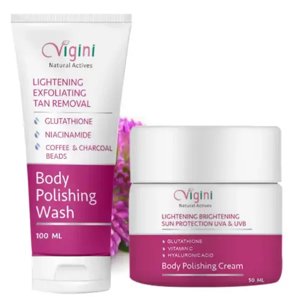 Vigini Skin Lightening Brightening Body Whitening Polishing D Tan Underarm Kojic Acid Cream + Exfoliating Coffee Scrub Wash for Tan & Pigmentation available on Herbkart