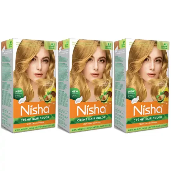 Nisha Creme Hair Color 8.1 Golden Blonde 120g Pack of 3, Permanent Hair Colour for Women & Men, Long Lasting Hair Color, 9342-NI-CHCB-150GM-GBLO-BOX-PK3-1.webp, 9342 NI CHCB 150GM GBLO BOX PK3 1