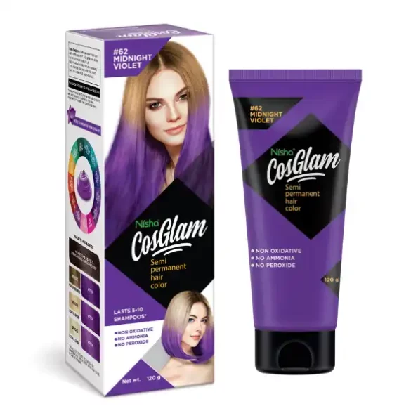 Nisha Cosglam Semi Permanent Hair Color, PPD & Ammonia Free Hair Colour for Women & Men #62 Midnight Violet - 120gm, 9107-NI-COSG-120GM-MVLT-TUBE-PK1-1.webp, 9107 NI COSG 120GM MVLT TUBE PK1 1