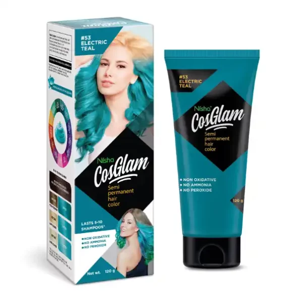 Nisha Cosglam Semi Permanent Hair Color, PPD & Ammonia Free Hair Colour for Women & Men #53 Electric Teal - 120gm, 9108-NI-COSG-120GM-ETEL-TUBE-PK1-1.webp, 9108 NI COSG 120GM ETEL TUBE PK1 1