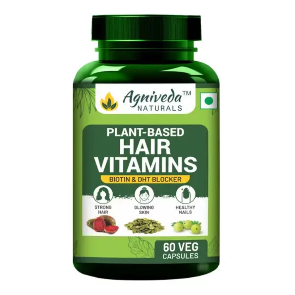 Agniveda Naturals Hair Vitamins Biotin, DHT Blocker, Vitamin B3, B5, B6, B7, B9, B12, Vitamin C, D3, E, Helps Reduce Hairfall- 60 Veg Caps available on Herbkart