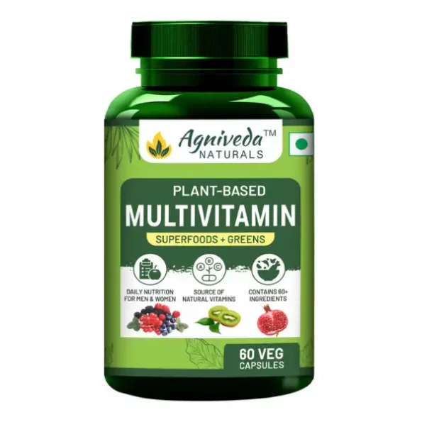 Agniveda Naturals Plant Based Multivitamin 60+ Ingredients With Vitamin B1, B2, B3, B5, B6, B7, B9, B12, A, C, D, E, K, Calcium etc - 60 Veg Capsules available on Herbkart