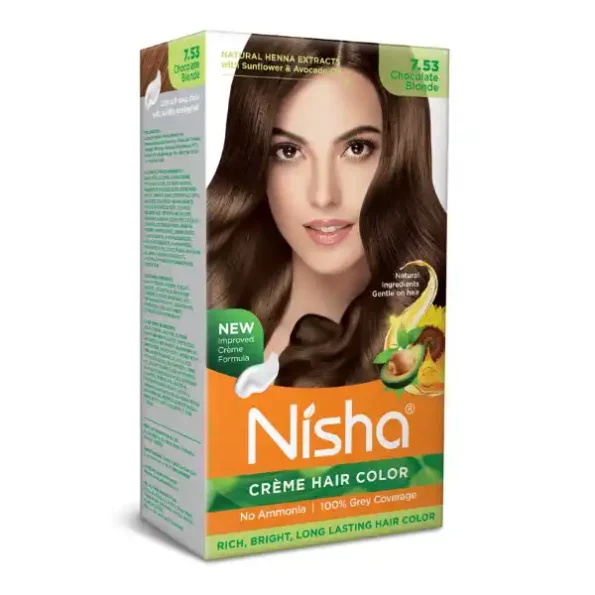 Nisha Creme Hair Color 7.53 Chocolate Blonde 120g, Permanent Hair Colour for Women & Men, 100% Grey Coverage, 9348-NI-CHCB-150GM-CBLO-BOX-PK1-1.webp, 9348 NI CHCB 150GM CBLO BOX PK1 1