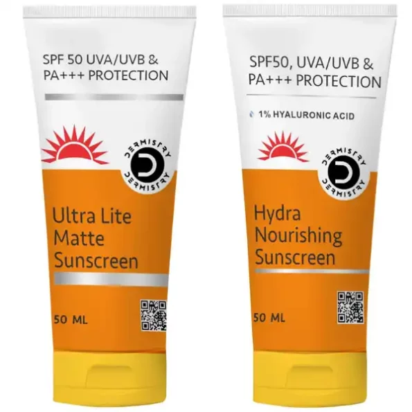 Dermistry Ultra Lite Matte Water Based Sunscreen for Oily Skin + 1% Hyaluronic Acid Ultra Hydrating Sunscreen for Dry Skin SPF 50 UVA UVB PA+++ Protection, DermistrySUMSHA-1.webp, DermistrySUMSHA 1