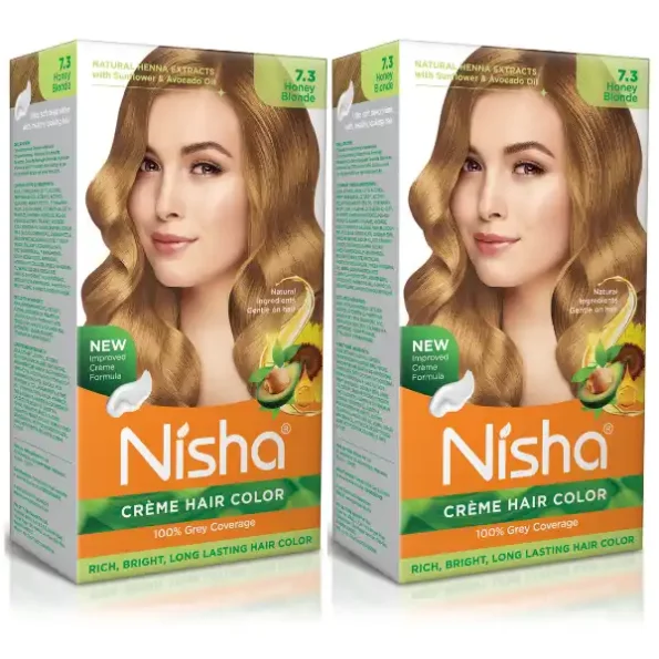 Nisha Creme Hair Color 7.3 Honey Blonde 120g Pack of 2, Permanent Hair Colour for Long Lasting Hair, 100% Grey Coverage, 9341-NI-CHCB-150GM-HBLO-BOX-PK2-1.webp, 9341 NI CHCB 150GM HBLO BOX PK2 1