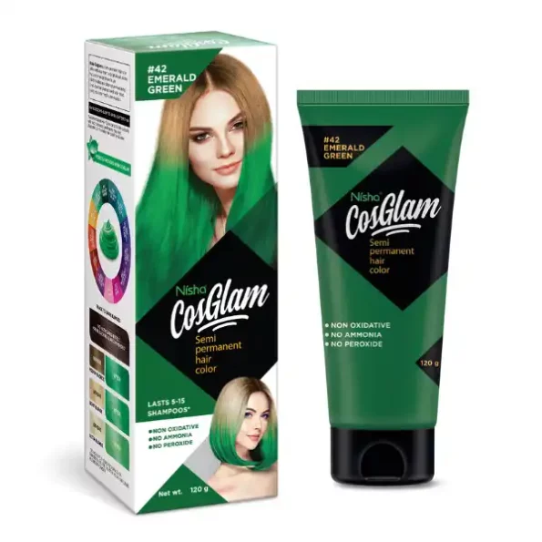 Nisha Cosglam Semi Permanent Hair Color, PPD & Ammonia Free Hair Colour for Women & Men #42 Emerald Green - 120gm, 9109-NI-COSG-120GM-EGRN-TUBE-PK1-1.webp, 9109 NI COSG 120GM EGRN TUBE PK1 1