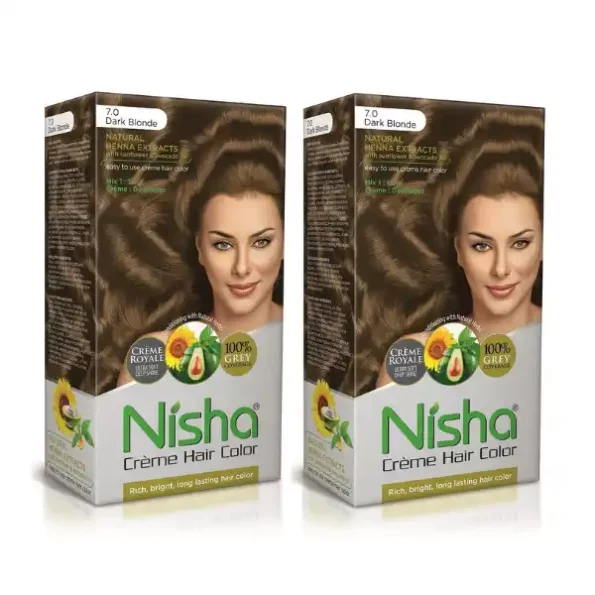 Nisha Creme Hair Color 7.0 Dark Blonde 120g Pack of 2, Permanent Hair Colour for Long Lasting Hair, 100% Grey Coverage, 9347-NI-CHCB-150GM-DBLO-BOX-PK2-1.webp, 9347 NI CHCB 150GM DBLO BOX PK2 1