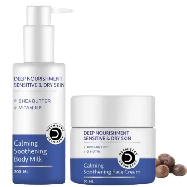 Dermistry Sensitive & Dry Skin Care Calming Soothing Body Milk Lotion Shea Butter & Vitamin E + Deep Nourishment Calming Soothing Face Cream Shea Butter Biotin available on Herbkart