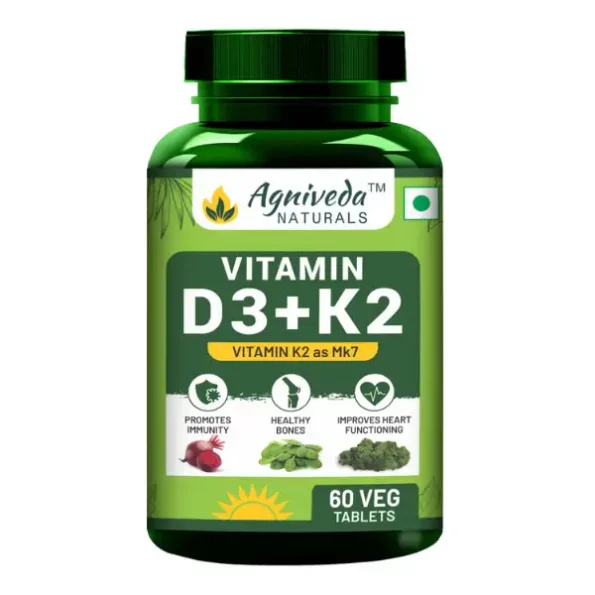 Agniveda Naturals Vitamin D3 K2 MK7, Vegetarian Vitamin D3 Supplement Lichen Source with Vitamin K2 MK7 Menaquinone - 60 Veg Tablets available on Herbkart