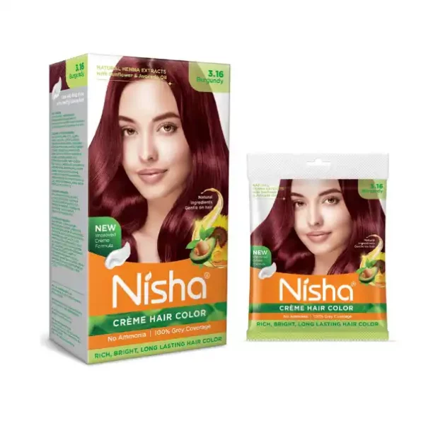 Nisha Creme Hair Color Combo Pack 3.16 Burgundy (120gm Box + 40gm Pouch), Ammonia Free Permanent Hair Colour, 9335-1205-NI-CHCBP-160GM-CBRN-BOX-POUCH-PK2-1.webp, 9335 1205 NI CHCBP 160GM CBRN BOX POUCH PK2 1