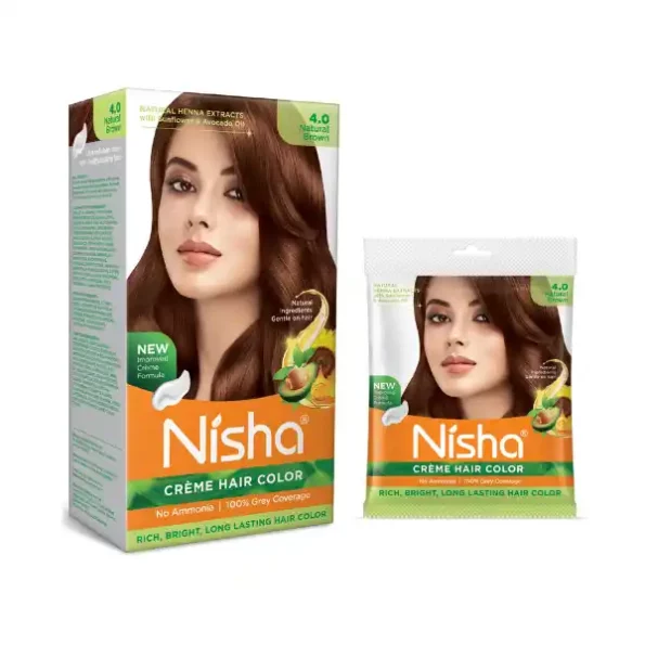 Nisha Creme Hair Color Combo Pack 4.0 Natural Brown (120gm Box + 40gm Pouch), Ammonia Free Permanent Hair Colour, 9337-1237-NI-CHCBP-160GM-GBRN-BOX-POUCH-PK2-1.webp, 9337 1237 NI CHCBP 160GM GBRN BOX POUCH PK2 1