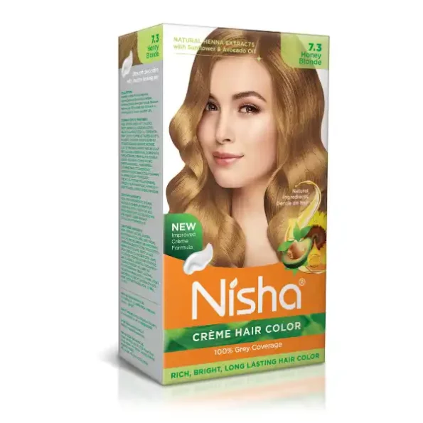 Nisha Creme Hair Color 7.3 Honey Blonde 120g, Permanent Hair Colour with Henna Extract, 100% Grey Coverage, 9341-NI-CHCB-150GM-HBLO-BOX-PK1-1.webp, 9341 NI CHCB 150GM HBLO BOX PK1 1