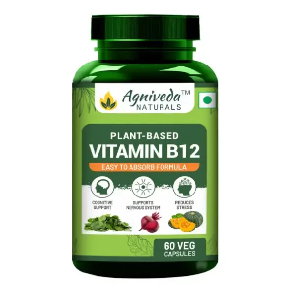 Agniveda Naturals Plant Based Vitamin B12 supplement for Men & Women (60 Capsules), Natural Formulation for Vegetarians & Vegans to support Nervous System & Brain Function available on Herbkart