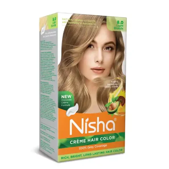 Nisha Creme Hair Color 8.0 Light Blonde 120g, Permanent Hair Colour with Henna Extract, 100% Grey Coverage, 9349-NI-CHCB-150GM-LBLO-BOX-PK1-1.webp, 9349 NI CHCB 150GM LBLO BOX PK1 1