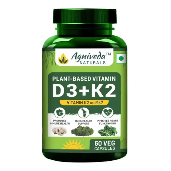 Agniveda Naturals Plant Based 600iU Supplement, Vitamin D3(Lichen) + K2(Menaquinone Mk7) - 60 Veg Capsules available on Herbkart