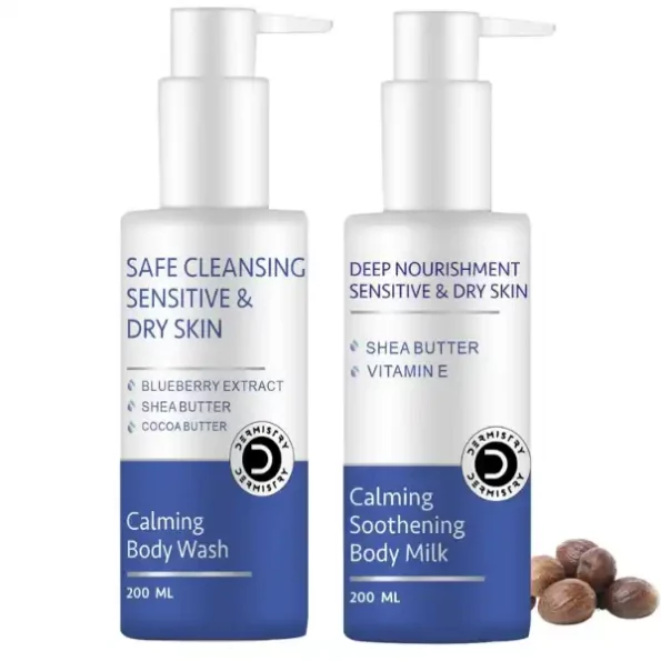 Dermistry Sensitive & Dry Skin Care Calming Soothing Body Wash Safe Soap Free Cleanser Blue Berry + Calming Soothing Body Milk Lotion Shea Butter & Vitamin E available on Herbkart