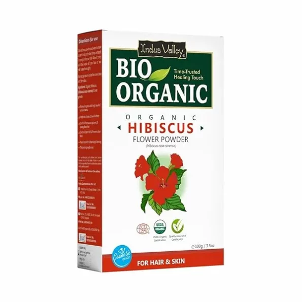 INDUS VALLEY Bio Organic Hibiscus Flower Powder for Face Pack and Hair Mask - 100g available on Herbkart