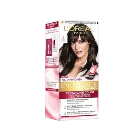 L'Oreal Paris Excellence Triple Care Hair Colour Cream, 25ml + 25g - 3 Natural Darkest Brown (Pack of 1)
