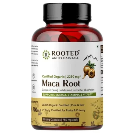 Rooted Actives Maca Root Capsules (90 Veg Caps, 750 Mg) | Stamina, Virility, Hormonal Support | Imported From Peru, Certified Organic, Gelatinised