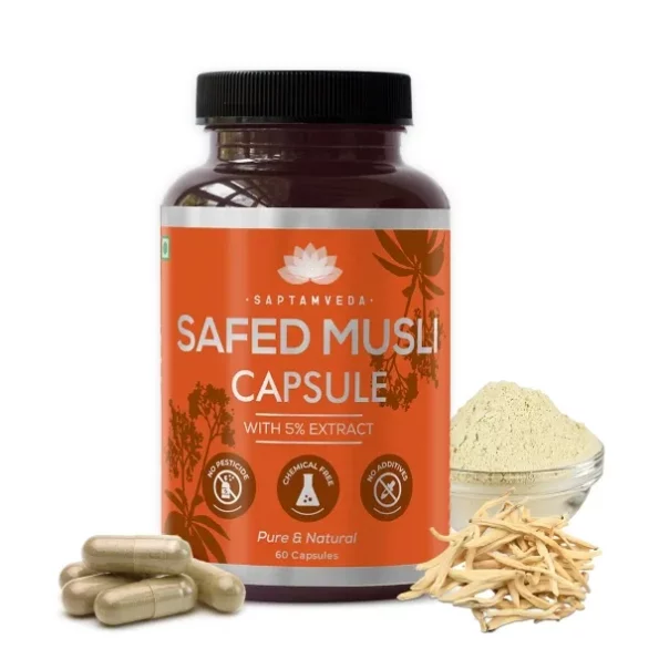 SAPTAMVEDA Natural Safed Musli Veg Capsules, 500 MG Each with Extract 60 Capsules available on Herbkart