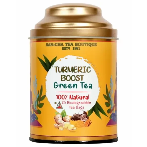 SAN-CHA Tea Boutique, Turmeric Tea, 25 Pyramid Tea Bags, Green Tea Blended With Curcumin Rich Turmeric, Caffeine Free Herbal Tea, Natural Detox Tea - 240 Gm, Herbkart8t77181AcbwSBL-2.webp, Herbkart8t77181AcbwSBL 2