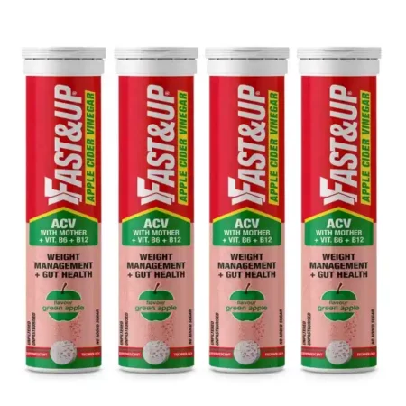 Fast&Up Apple Cider Vinegar with Mother (60 Effervescent tablets) | 1000mg ACV For Weight Management & Bloating | Made with 100% Organic Natural Himalayan Apples| Added Vit. B6 & B12 | Green Apple Flavour