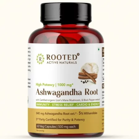 Rooted Ashwagandha Root Capsules (5% Withanolides), With Lions Mane Mushrooms |Supports Stress, Anxiety Relief, Energy & Immunity |60 Caps, 500 Mg