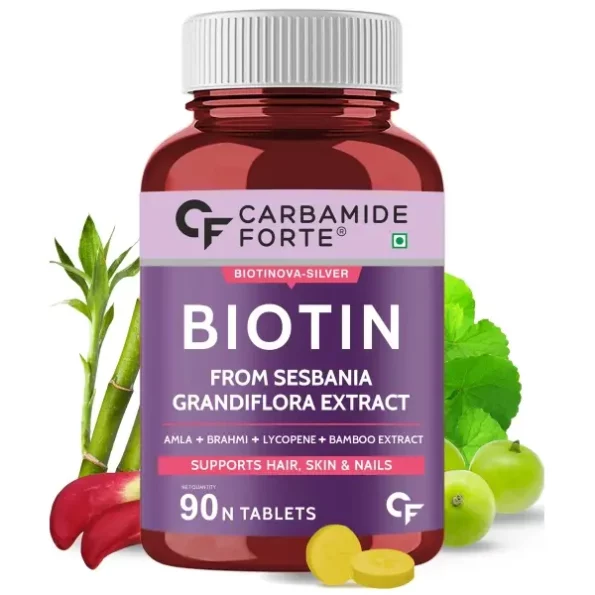 Carbamide Forte Biotin for Hair Growth with Amla, Brahmi & Bamboo Extract - 90 Veg Tablets available on Herbkart