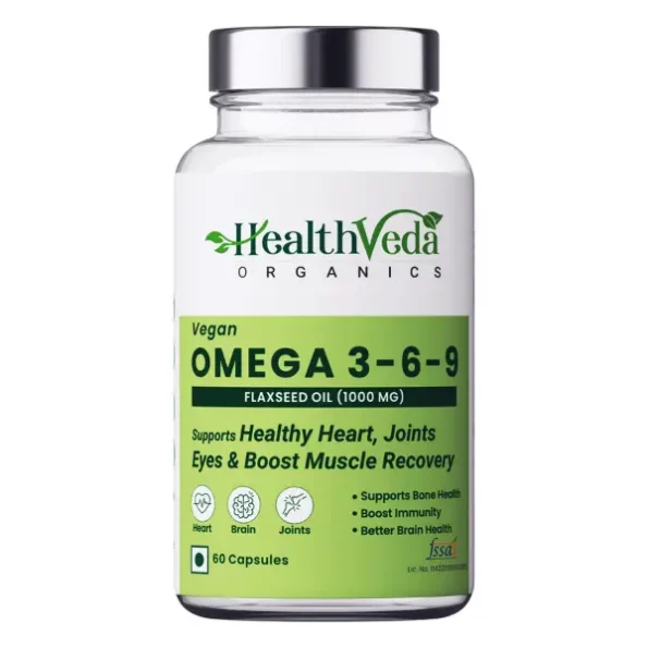 Health Veda Organics Vegan Omega 3-6-9 Flaxseed Oil (1000mg) for Healthy Bones, Hair & Skin, 60 Veg Soft Gel Capsules, Omega3FishOil-60Cap-1.webp, Omega3FishOil 60Cap 1