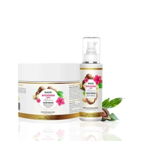 Indalo Macadamia Nuts Anti-Frizz Hair Serum (100ml) and Mask (200gm) with Hibiscus for Dry & Dull Hair | Damaged Hair Repair | Soft & Smooth Hair