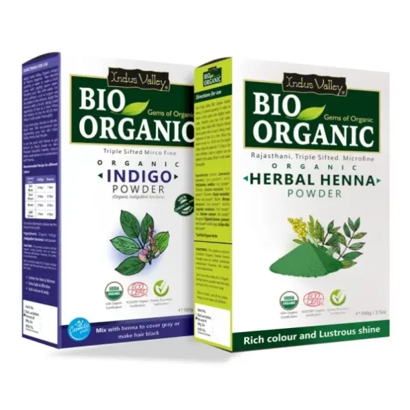 INDUS VALLEY Bio Organic 100% Pure and Natural Indigo Powder and Herbal Henna Powder Combo (100gm Each) available on Herbkart