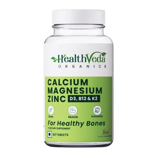 Health Veda Organics Calcium, Magnesium, & Zinc Tablets with Vitamin D3 & B12 For Healthy & Strong Bones, 60 Veg Tablets, CalciumMagnesiumZinc-60Tab-1.webp, CalciumMagnesiumZinc 60Tab 1