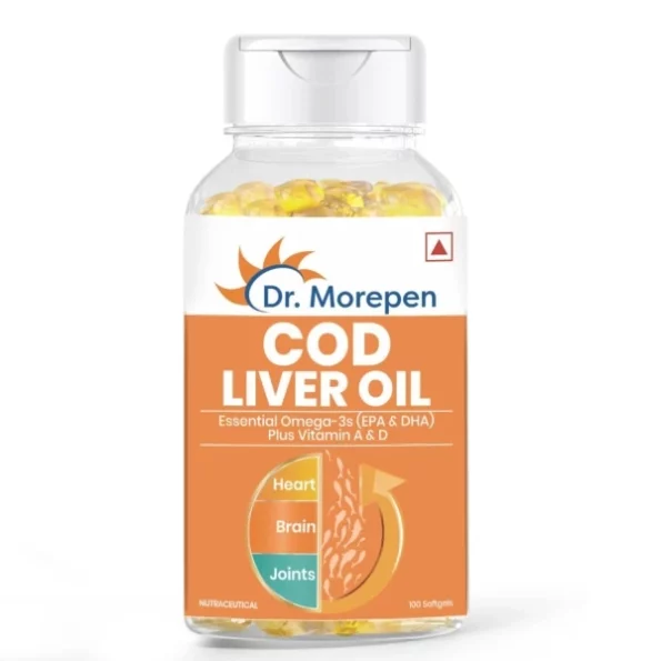 Dr. Morepen Cod Liver Oil Capsules With Natural Omega 3, Natural Epa & Dha , Vitamin D & A, 100 Softgels, Herbkart8t761dZXV8wMwL.webp, Herbkart8t761dZXV8wMwL