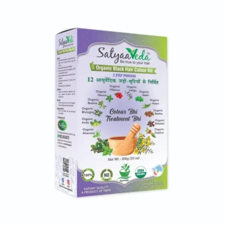 SatyaaVeda Usda Certified 100% Organic Hair Colour Kit-Black Made With Organic Aloe Vera, Organic Amla, Organic Bhringraj, Hair Care | Hair Strengthening | 2 Step Process | 200Gm