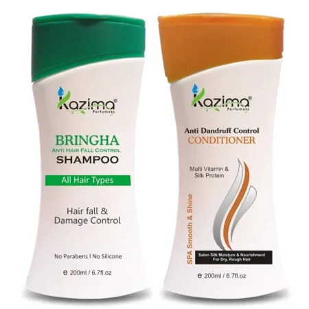 KAZIMA Bringha Anti Hair Fall Control Shampoo (200ml) + Anti Dandruff Control Conditioner (200ml) For Clean Gently Nourish Hair, Falling Hair Intensive & Hair Growth Treatment - Contains power of 9 bringha plants (All Types of Hair) (No Parabens, No Silicones & No Salt)