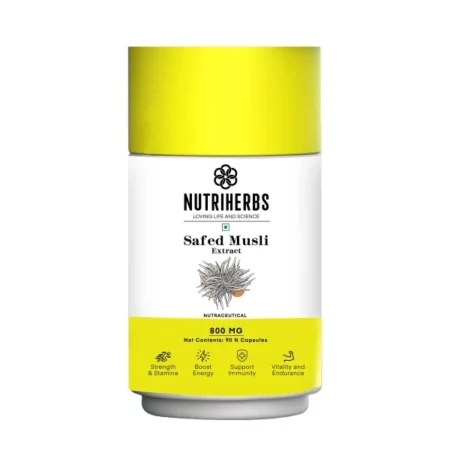 NUTRiHERBS Safed Musli Extract Capsules 800mg - Herbal Supplement for Men's Muscle Strength, Stamina, Energy, and Immunity - Organic Safed Musli Root - 90 Vegetarian Capsules