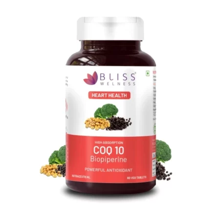 Bliss Welness Coenzyme Q10 (CoQ10) 100mg Bio Piperine 10mg | Heart Healthy Ageing High Absorption Glowing Skin Immunity Energy Boost Health Supplement - 60 Vegetarian Tablets