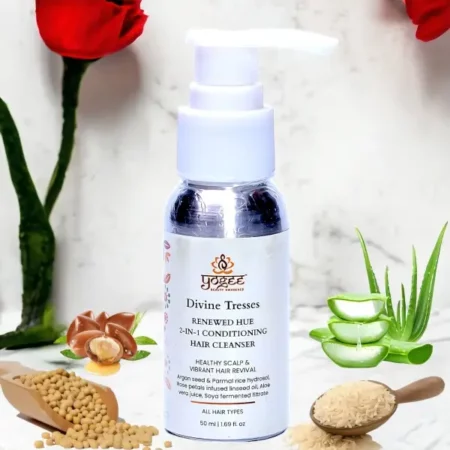 YOGEE 2 in 1 Shampoo and Conditioner Cleanser | 50ml | Shampoo for Coloured Hair | Unisex Organic Hair Care with Argan Seed, Rose Petals, Aloe Vera, Soya Seeds & Probiotics | For Men and Women