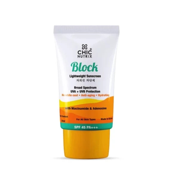 Chicnutrix Block, Korean Water-Resistant Sunscreen SPF 45 & PA+++ with Niacinamide and Adenosine, 35ml, Herbkart8t761ZGdIvHgKL.webp, Herbkart8t761ZGdIvHgKL
