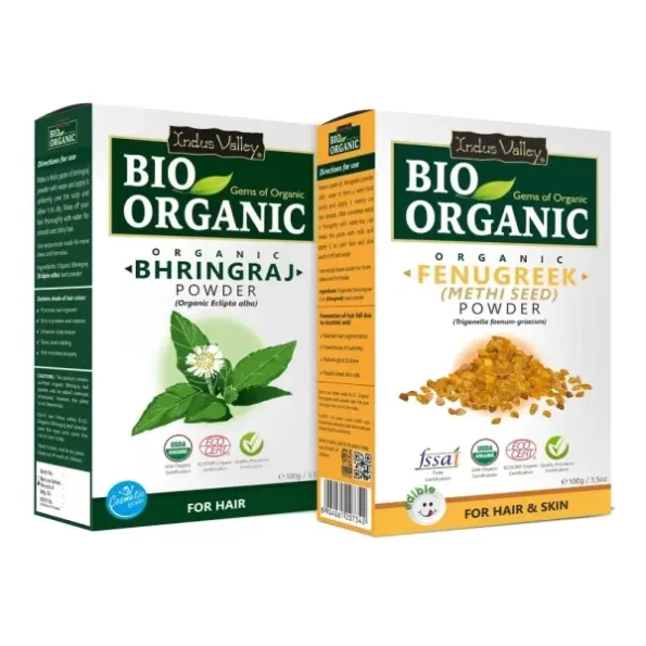 INDUS VALLEY Bio Organic Natural And Pure Bhringraj Powder Eclipta alba with Fenugreek Powder (100 * 2= 200g) available on Herbkart