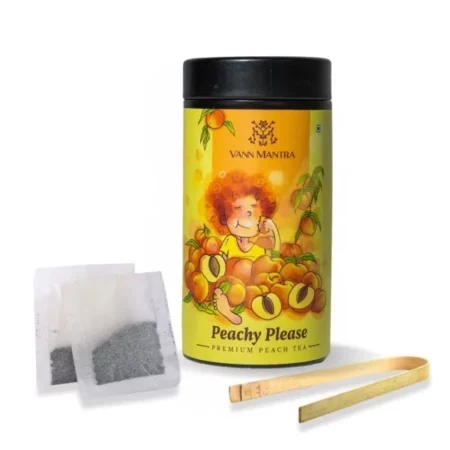 VANN MANTRA Peachy Please Green Tea With Bamboo Tong, Herbal Natural Peach Fruit Green Tea With Candy-Like Flavor For Refreshing Mood & Support Immune Health (25 Tea Bags Each), 37.5 Gram