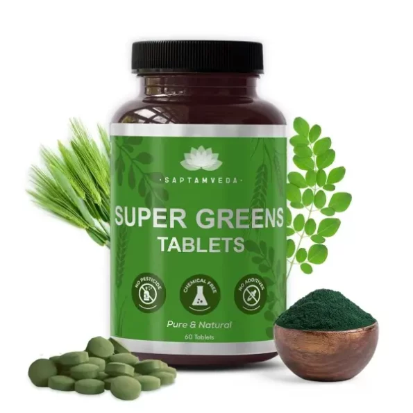 SAPTAMVEDA Premium Supergreen 120 Tablets | Natural Multivitamin |Contains Moringa, Wheatgrass, Spirulina & Barely Grass available on Herbkart