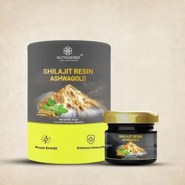 Nutriherbs Shilajit Resin Ashwa Gold With Ashwagandha Stamina & Vitality With Gold Vark (30G) available on Herbkart