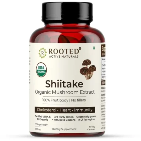 Rooted Shiitake Mushroom 60 Capsules 500 mg | Supports Healthy Cholesterol & Helps BP Levels |Immunity, Heart, Skin & Hair Health & Weight Control