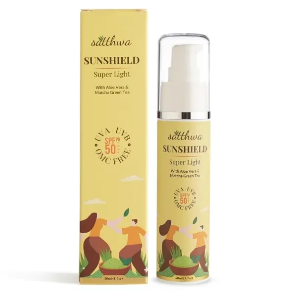 Satthwa Sunshield Super Light Sunscreen with Aloe Vera & Matcha Green Tea - Hyaluronic, SPF50 PA++++, 50ml, Herbkart8t771fB7z9SRkL.webp, Herbkart8t771fB7z9SRkL