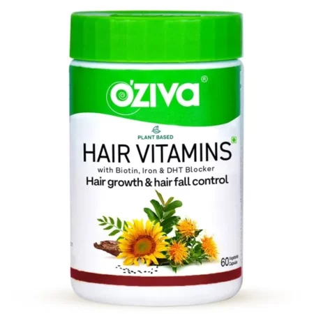 OZiva Hair Vitamin Capsules for Hair Growth & Hair Fall Control,100% Natural with Biotin, Iron, DHT Blocker & Vitamin E,Clinically Proven Hair Growth Supplements for Women & Men,60 capsules