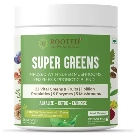 Rooted Actives Super Greens Ultimate Health Powder | 22 vital greens & Fruits, 1 billion probiotics, 5 Enzymes, 5 Mushrooms (No Added Sugar) | Supports Gut Health, Energy, Immunity - 250 Grams