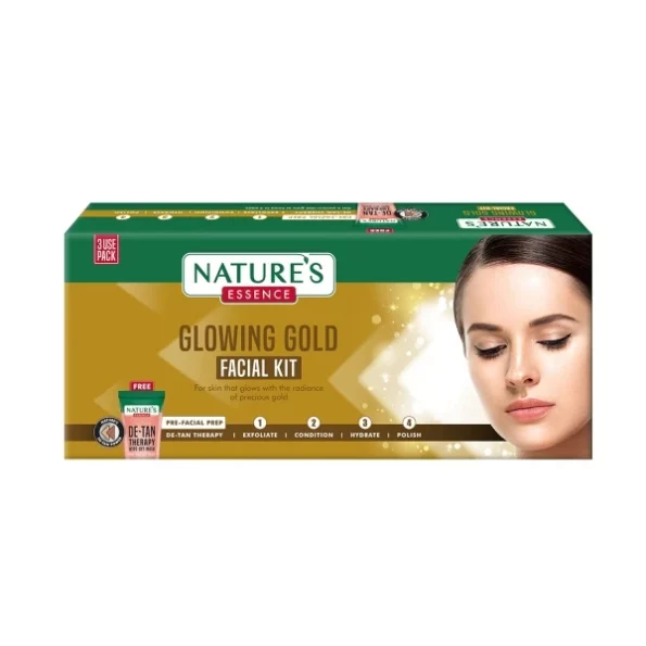 NATURES ESSENCE Glowing Gold Facial Kit With Free Facewash, For 3 Uses 60G + 50Ml available on Herbkart