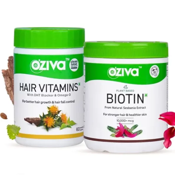 OZiva Hair Vitamins with DHT & Omega-3, 60 Capsules + Plant Based Biotin Powder, 125g with Amla, Combo Pack, Herbkart8t761v-OwxHYnL.webp, Herbkart8t761v